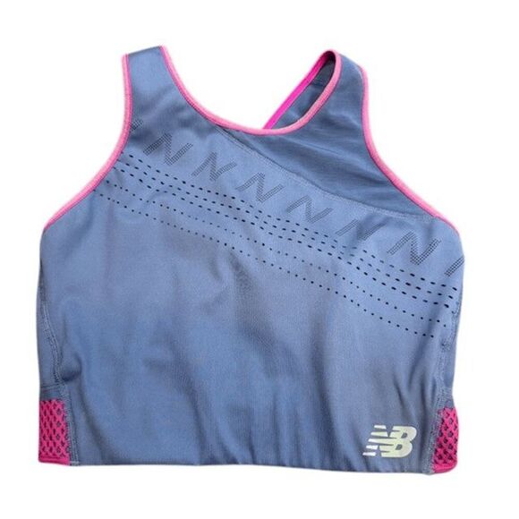New Balance Q Speed Shape Sheild Sports Bra Blue Pink No Pads Cross Straps Small - Picture 2 of 8
